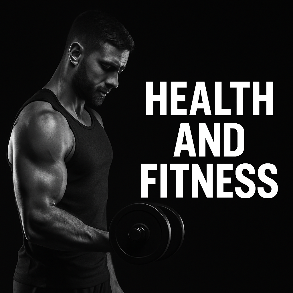 A man exercising with a dumbbells with Health and Fitness written in front