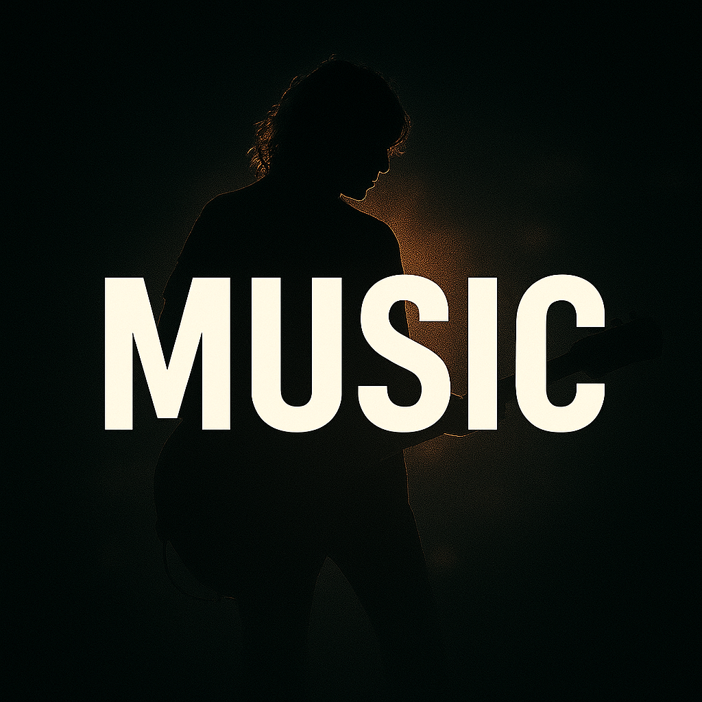 A man with guitar in a dark room with Music written in front.