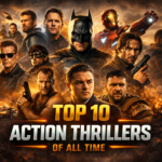 Top 10 Action Thrillers of All Time banner featuring iconic action heroes against a dramatic explosion-filled background