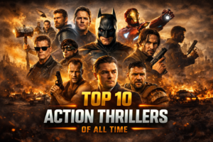 Top 10 Action Thrillers of All Time banner featuring iconic action heroes against a dramatic explosion-filled background