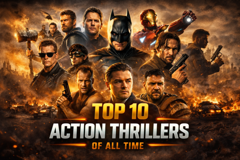 Top 10 Action Thrillers of All Time banner featuring iconic action heroes against a dramatic explosion-filled background