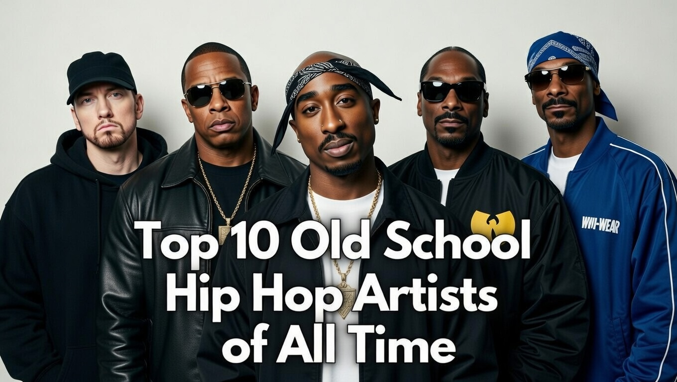 Group portrait of iconic old school hip hop legends standing together against a plain white wall: Eminem, Dr. Dre, Tupac Shakur, Snoop Dogg, and members of Wu-Tang Clan (including RZA, Method Man, and others), all wearing classic 90s rap fashion with gold chains, leather jackets, snapbacks, bandanas, and sunglasses. Bold white text overlay reads "Top 10 Old School Hip Hop Artists of All Time